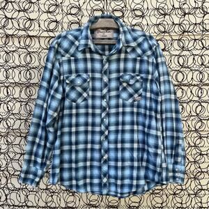Wrangler Wrancher blue plaid flannel long sleeve pearl snap shirt XL